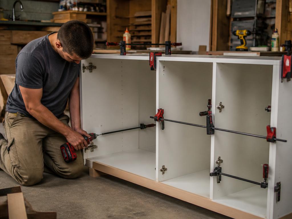 Carpenter assembling a kitchen cabinet carcass with clamps