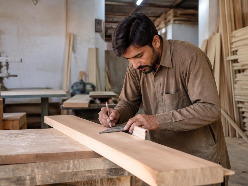 Pakistani carpenter marking a timber board in his workshop