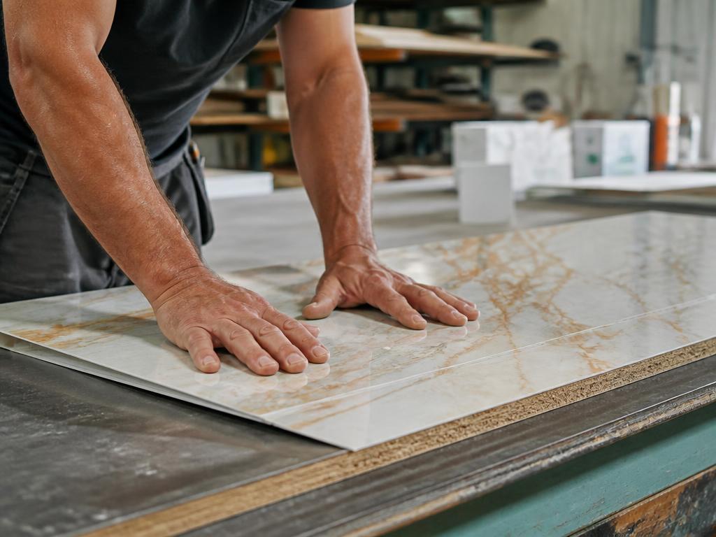 Worker bonding a formica laminate sheet onto a board