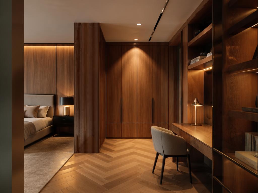 Interior with fitted wood panelling and built-in wardrobe