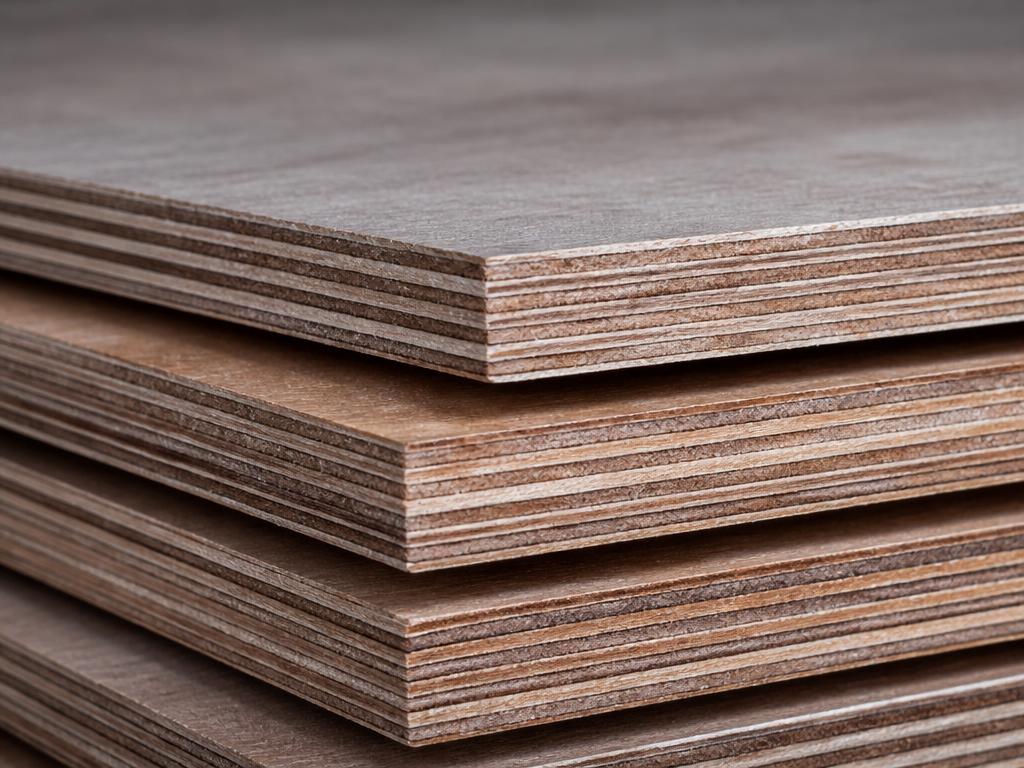Stacked plywood sheets showing layered edge plies