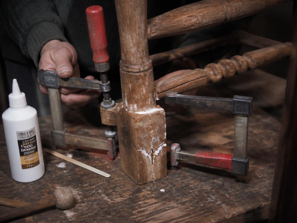 Hands clamping and repairing a cracked wooden chair leg