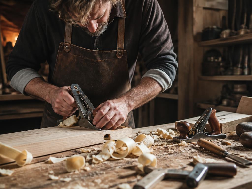 Craftsman hand-planing a timber board on a workbench