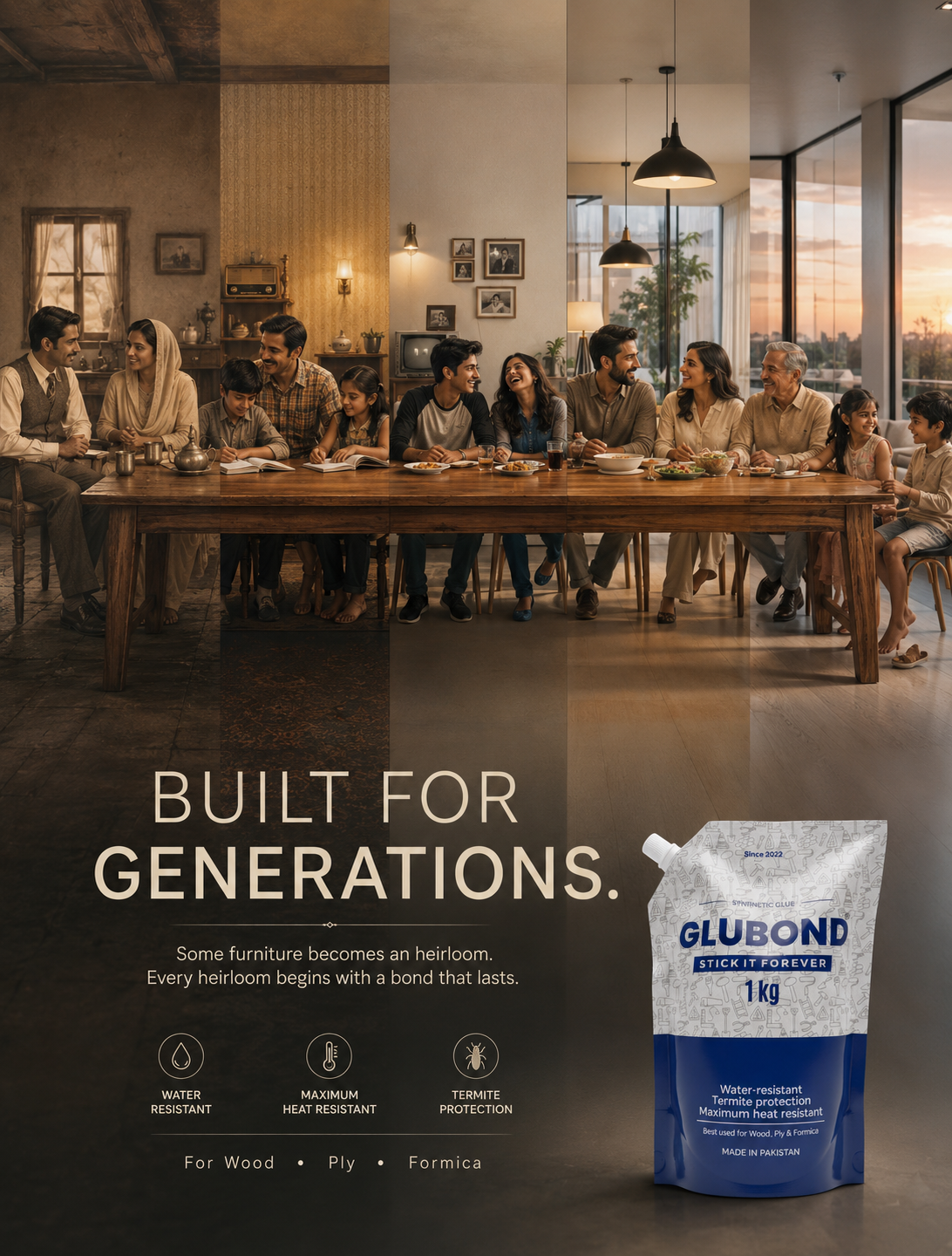 GLUBOND campaign visual: three generations of a Pakistani family seated around one long wooden table