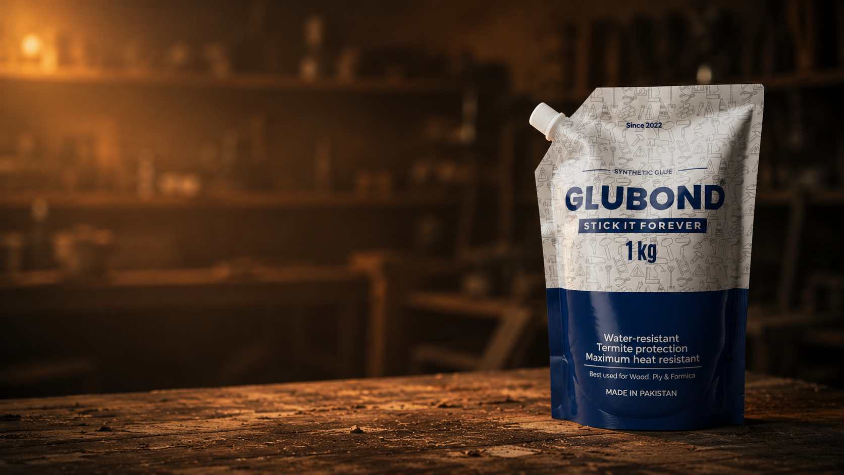 GLUBOND wood glue pouch on a workbench in a warmly lit carpentry workshop