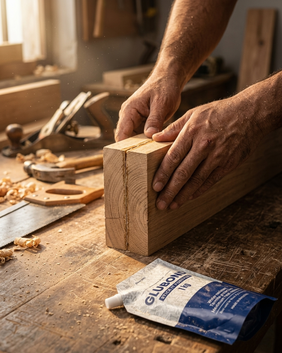 Craftsman pressing two GLUBOND wood glue bonded blocks on a workshop bench